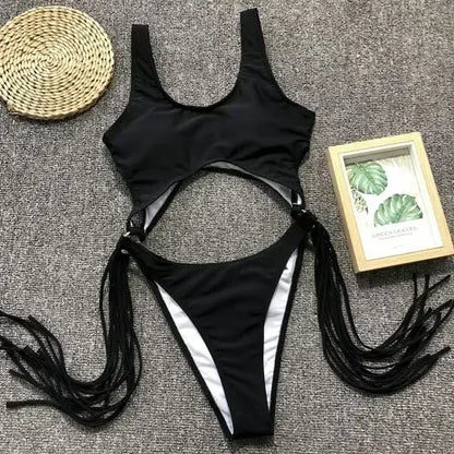 Splicing High Cut Out One Piece Swimsuit Women Tassel Swimwear Female Bathing Suit String Leopard Bikini Monokini Lady