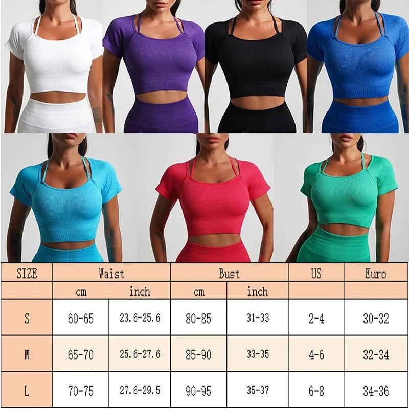2 in 1 Padded Bra Yoga Crop Short Sleeve Ribbed Gym Crop Top Yoga Crops Fitness Bra Short Sleeve Wrokout Tops Sports