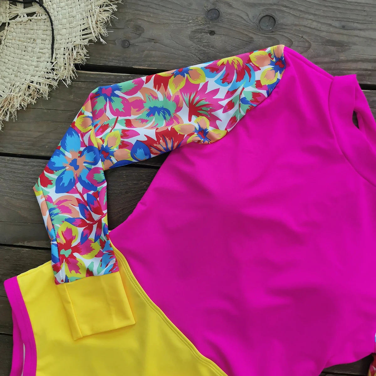 Patchwork One-Piece Swimsuit Long Sleeve Swimwear Sports Backless Women's Swimming Bathing Suit Beach Wear Bather Surfing