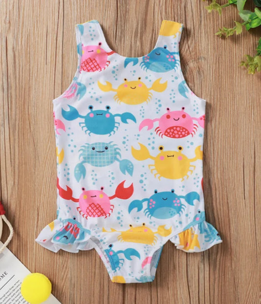 Breathable Little Girls  Swimsuit Summer Children Cute Crab Donut Printing Sleeveless Swimwear for Vacation