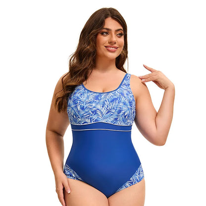 Women's Sports One Piece Swimsuit Racerback Black Sports Swimwear Leaf Printed Bathing Suit Plus Size Women Swimwear
