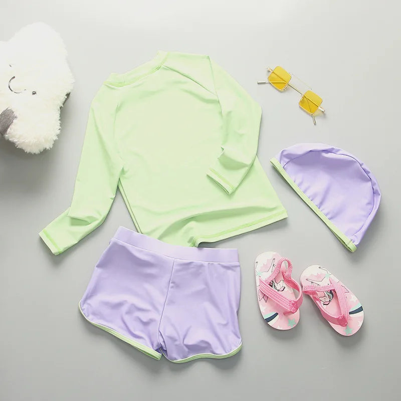 Swimsuit Girl UPF50 UV Protection Sunscreen Beach Clothes Girls Swimwear Long Sleeve Children Bathing Swimming Suit Pink Purple