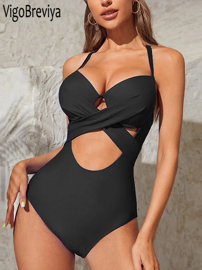 V Cut Hollow Cut  Solid Swimwear Women Tied Halter Backless One Piece Swimsuit Monokini Cross Hollow Push UP Bathing Suit