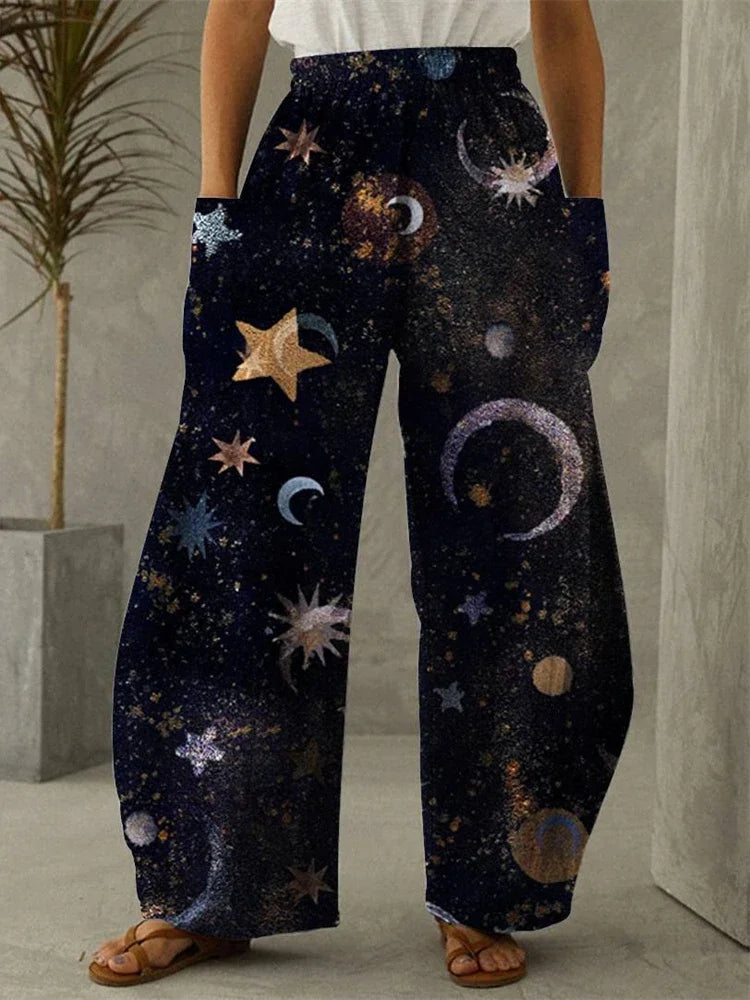 Galaxy Moon Stars Full Length Wide Leg Pants Printed Thin Hipster Fashion Trousers Summer Streetwear Sweatpants Women Clothing