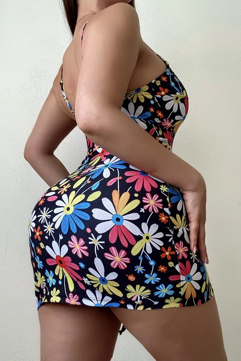 Colour Print Swimwear Women Strapped Dress One Piece Swimsuit Brazilian Beach Monokini Backless Lady Bathing Suit