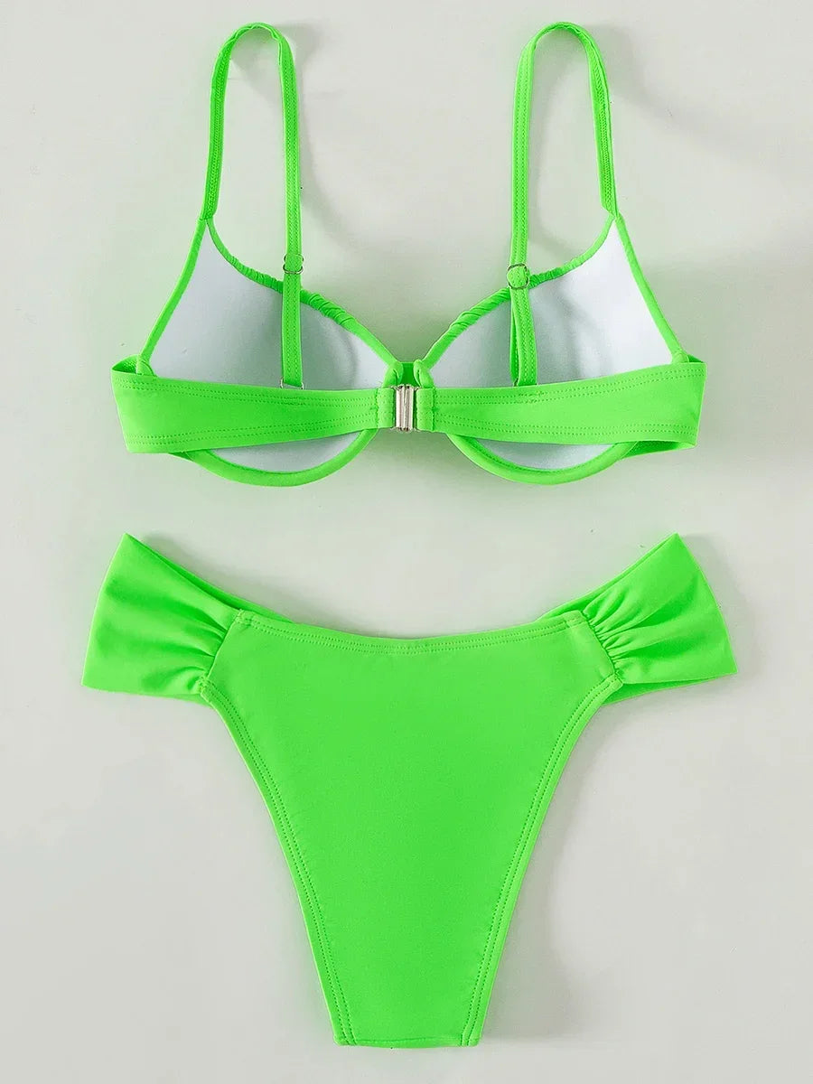 Neon Green Wrinkled Underwired Bra Cup Bikini Female Swimsuit Women Swimwear Two-pieces Bikini set Bather Bathing Suit Swim Lady