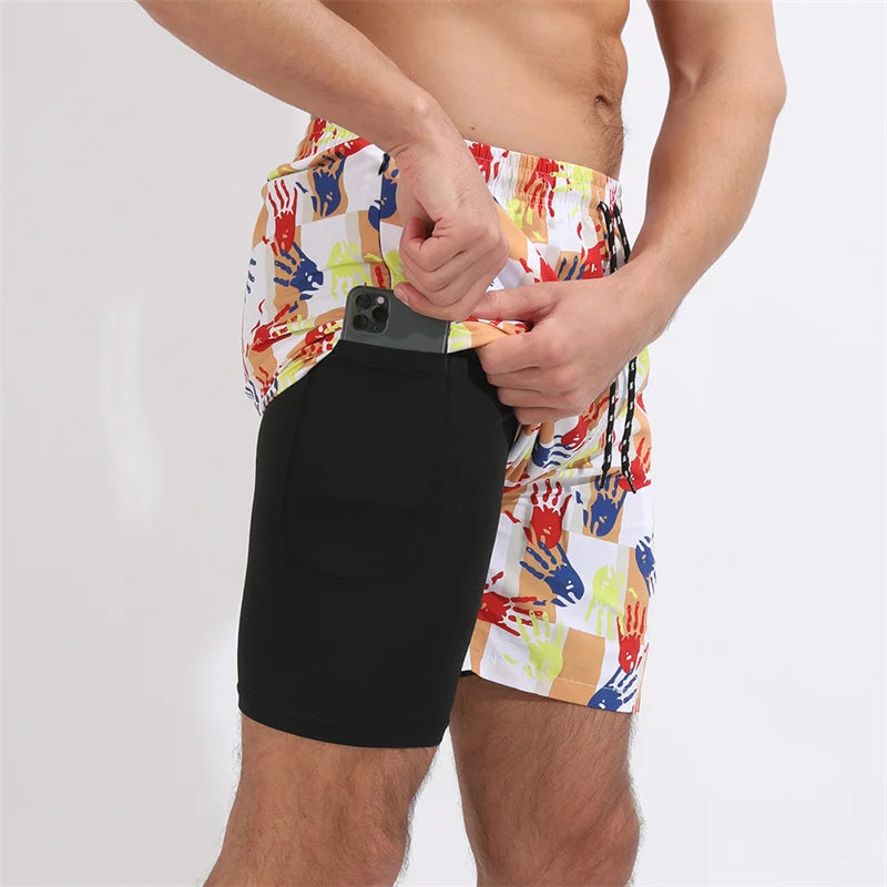 Men Swimwear Summer Gym Beach Shorts Male Quick Dry Sport Swimming Shorts Trunks Sexy Swimsuit 2 In 1 Man Board Shorts Beachwear