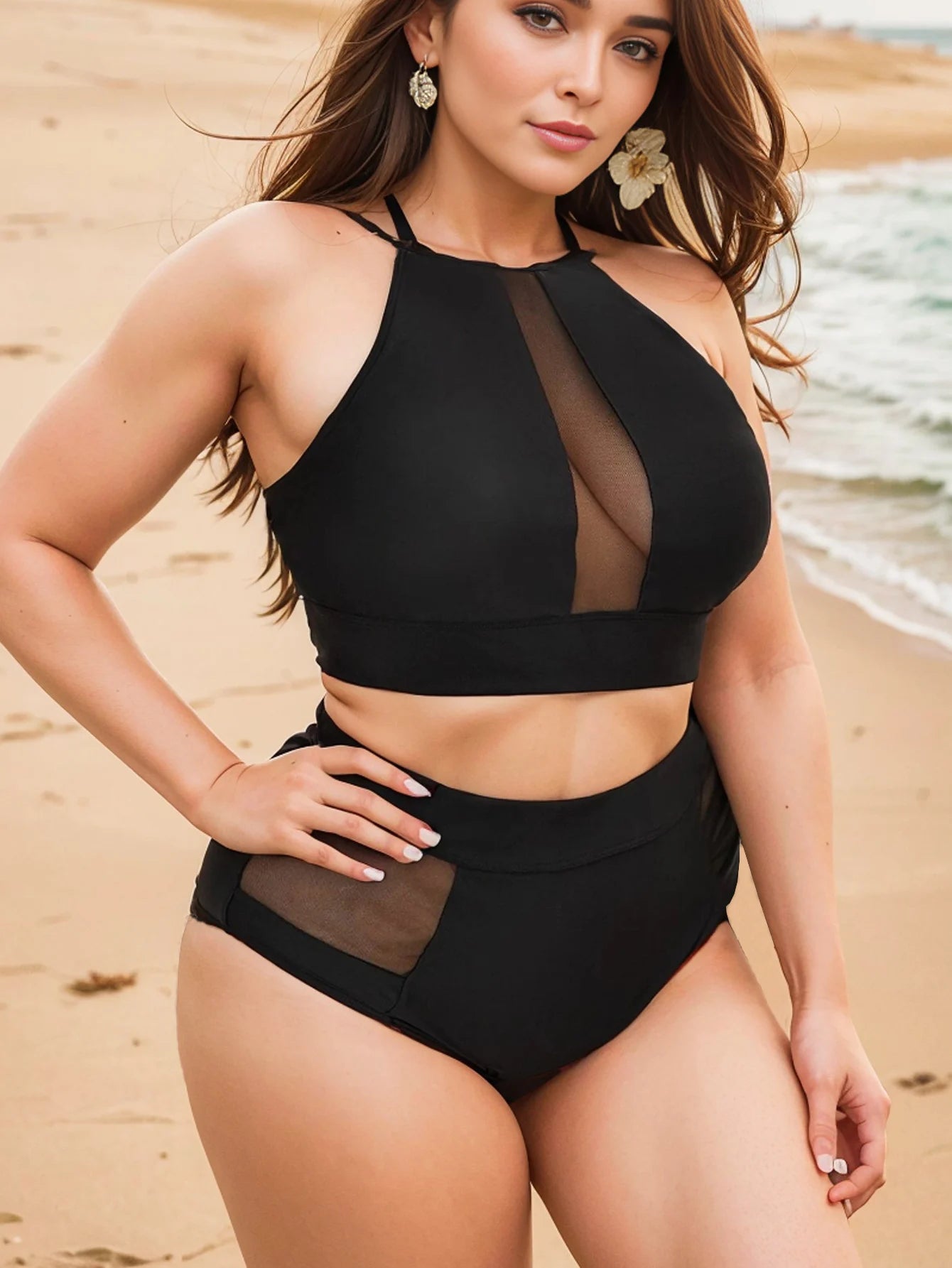 High Waist Neck Plus Size Swimwear Women Large Black Mesh Bikini Set Curvy Big 2 Piece Swimsuit Bathing Suit