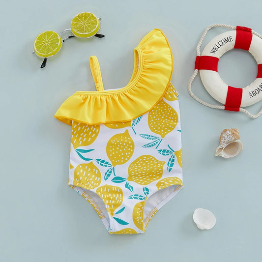 1-6Years Kids Girls Summer Swimsuit Ruffle Shoulder Lemon Print Swimwear Bathing Suit Toddler Infant Baby Beachwear