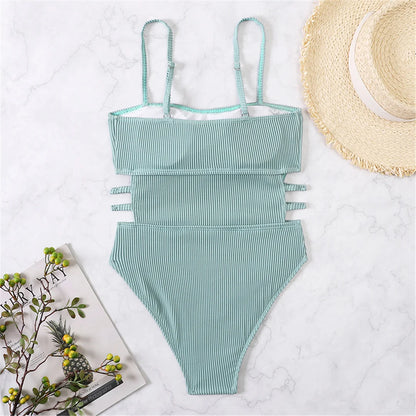 S - XL 11 Colors Ribbed Cut Out One Piece Swimsuit Women Swimwear Female High Leg Cut Padded Bather Bathing Suit Swim Lady