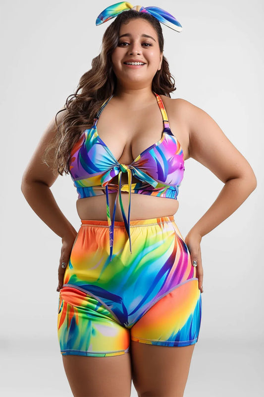 Flycurvy Plus Size Vacation Multicolor Rainbow Print Lace-up Two Piece Swimwear