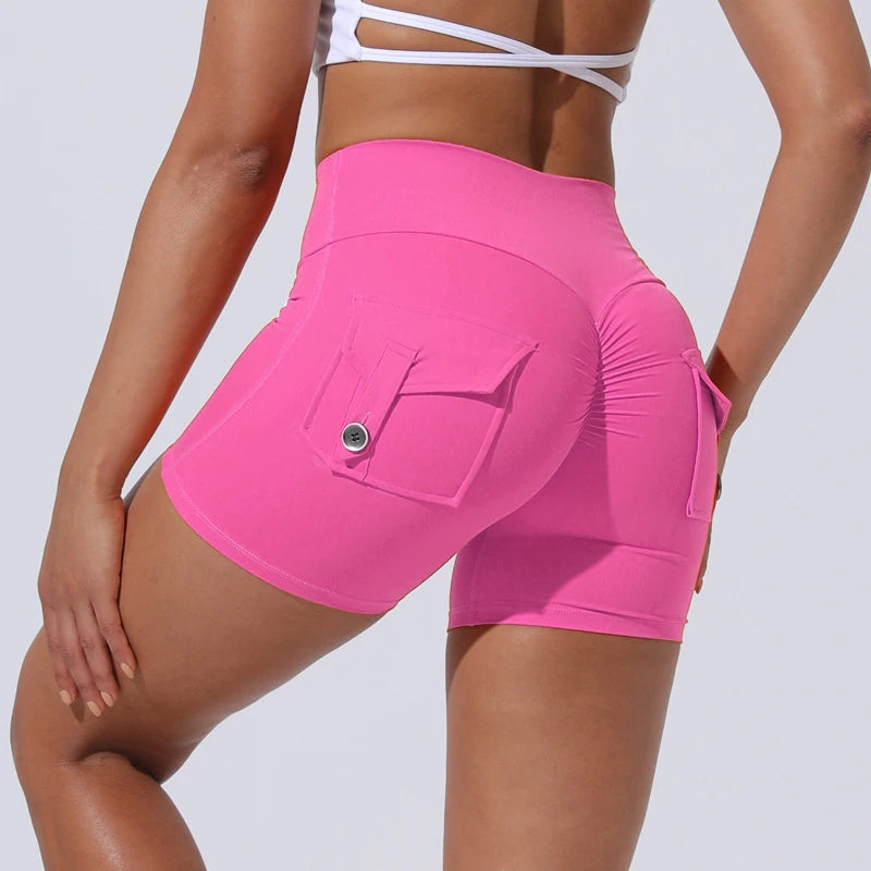 Scrunch Women Button Booty Pocket Sports Yoga Shorts Cycling Jogging Fitness High Waist Squat Proof Gym Active Leggings