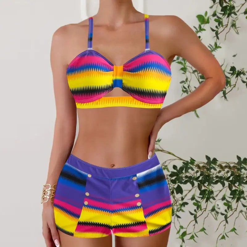 Summer Beach Striped Print Ruched Bikini Set Swimwear Bathing Suit For Women