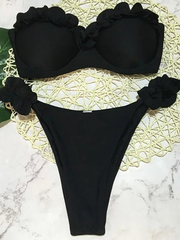 Leopard Ruffled Bra Cup Bikini Women Bandeau Swimsuit Female Swimwear Two Pieces Bikini Set Push Up Bathing Suit Swim Lady