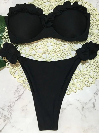 Leopard Ruffled Bra Cup Bikini Women Bandeau Swimsuit Female Swimwear Two Pieces Bikini Set Push Up Bathing Suit Swim Lady
