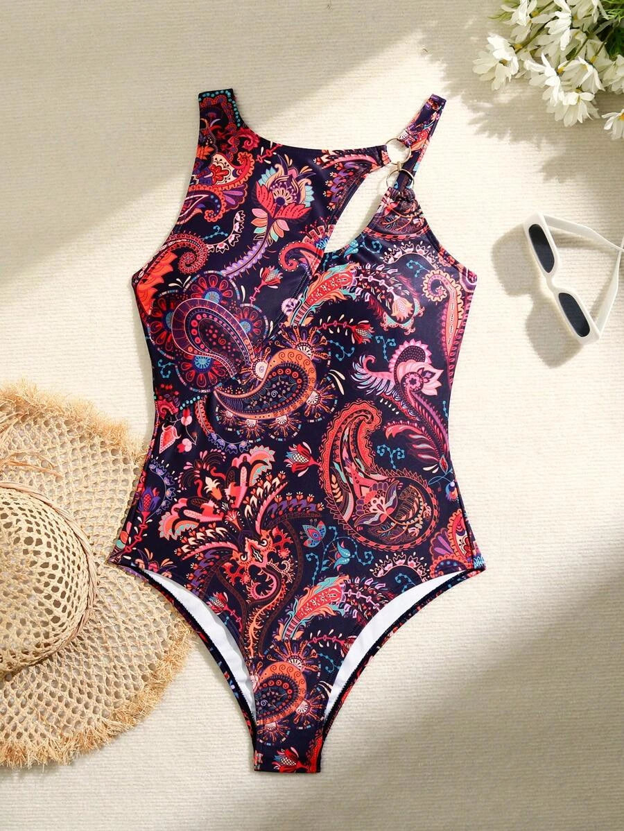 Printed Swimsuit One Piece Hollow Swimwear Women Ring Linked Bathers Bathing Swimming Swim Suit Female Beachwear