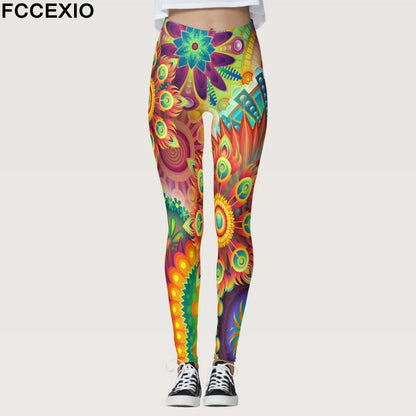 FCCEXIO Summer Geometric Graffiti Print Women's Sports Leggings High Waist Running Tight Fitness Workout Yoga Gym Pants S-3XL