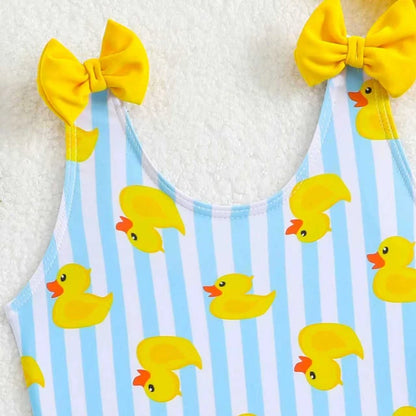 Striped  With Ducks Little Girls Swimsuit With Swimming Cap Ruffle Swimwear Female Children Bathers Bathing Swimming Swim Suit 4-7Y
