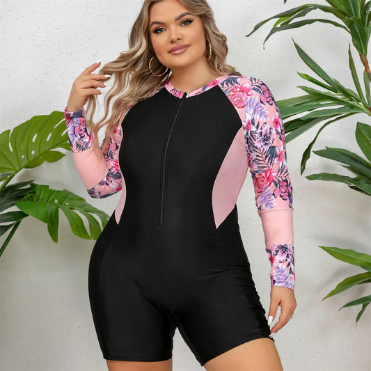 Large Size One-Piece Surfing Suit , Summer Women's Long-Sleeved Sun-proof Snorkeling Suit Swimsuit