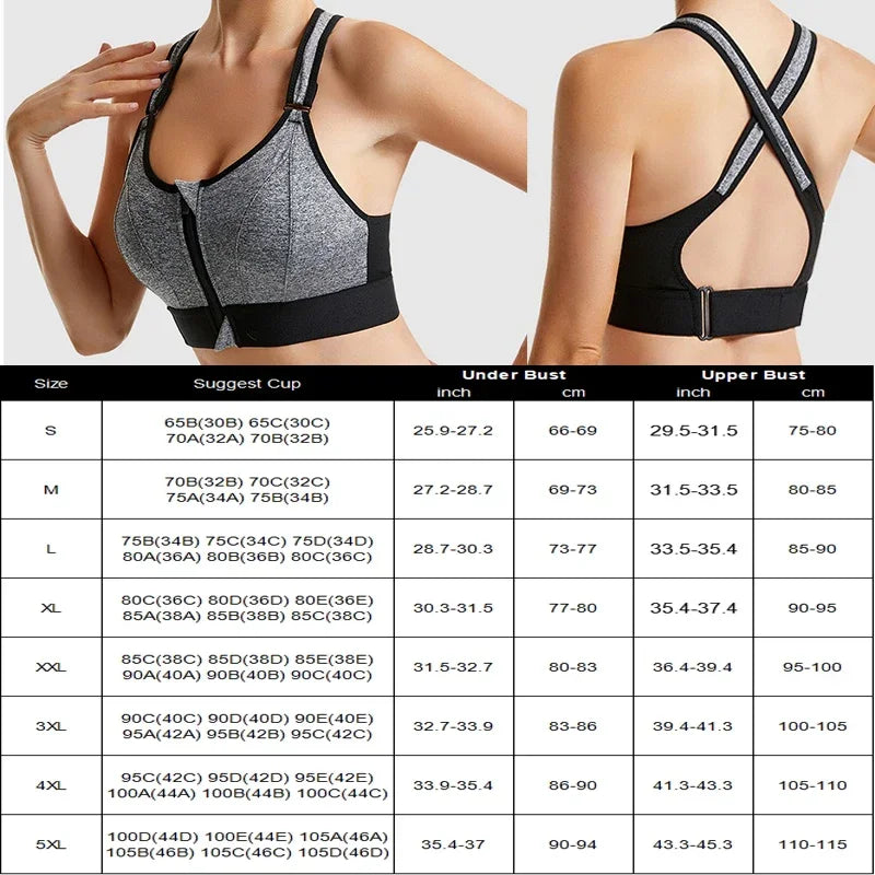 Back Adjustable High Impact Sports Bras for Women Zip Front Full Coverage and Lift Compression Tops Zipper Sports Bras