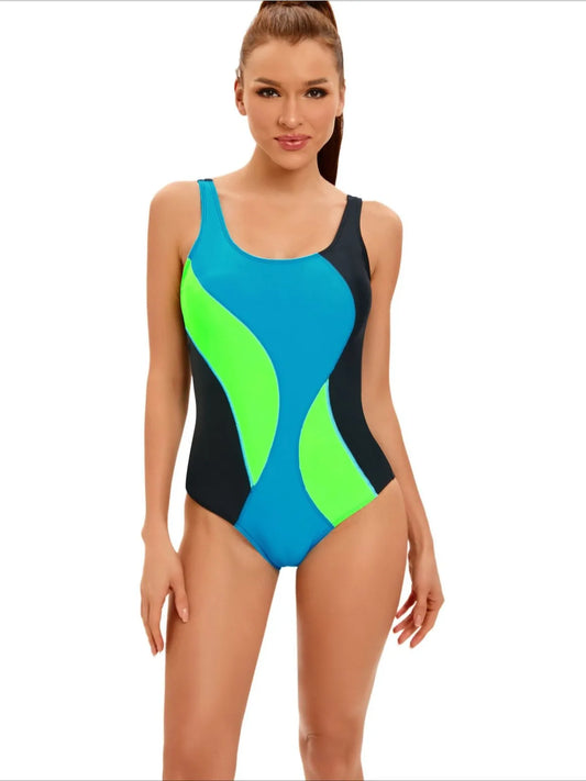 Sports Patchwork Swimsuit for Women, Conservative One Piece Swimwear U-neck Suspender Backless Monokini, beach Bathing Suit Pool