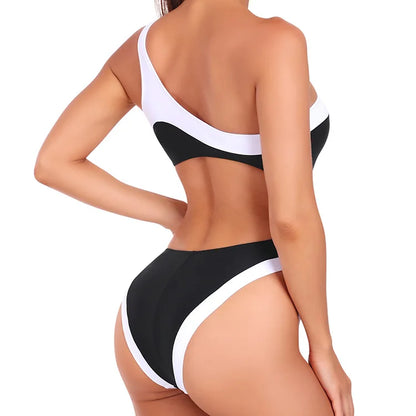 European Style Bikini Style Black & White Swimwear Single Shoulder Strap, Waist Hollow Out, Backless Asymmetrical Style for Women