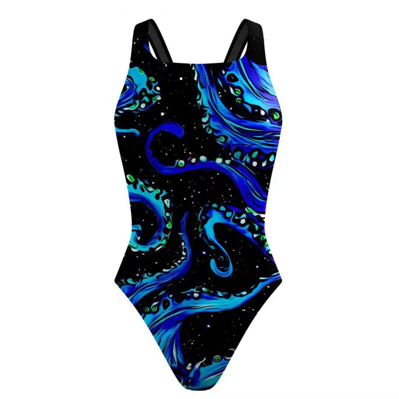 One-Piece Colorful Digital Designs Printed Swimsuit Tight Racing Swimwear for Women