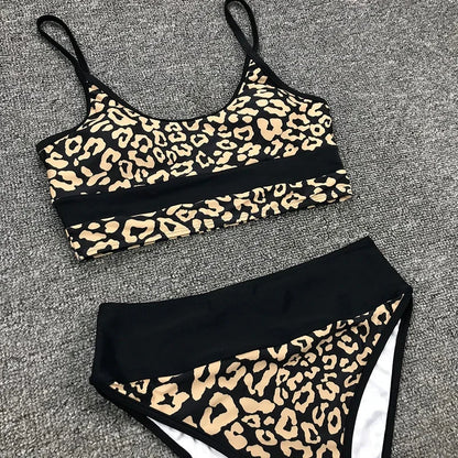 Splicing Leopard High Waist Bikini Women Swimsuit Female Swimwear Two-piece Bikini set Padded Bather Bathing Suit Swim Wear Lady