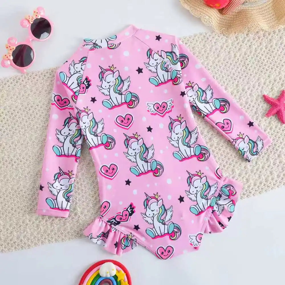 Printed Little Girls Swimsuit One Piece Long Sleeves Kids Swimwear Female Children's Bathers Bathing Swimming Swim Suit