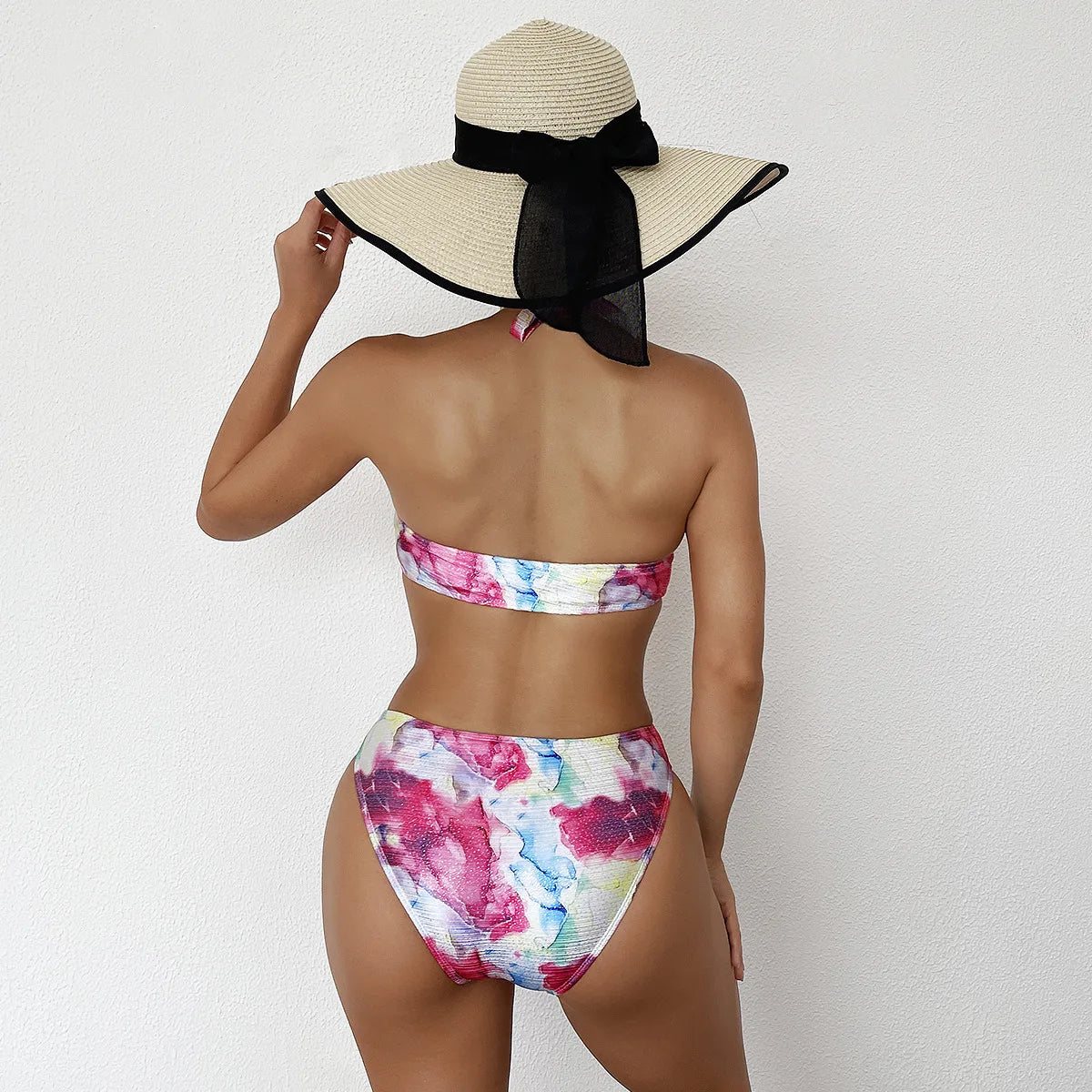 Print Tied Halter Swimwear Women Hollow Push Up One Piece Swimsuit Monokini Backless Beach Bathing Suit