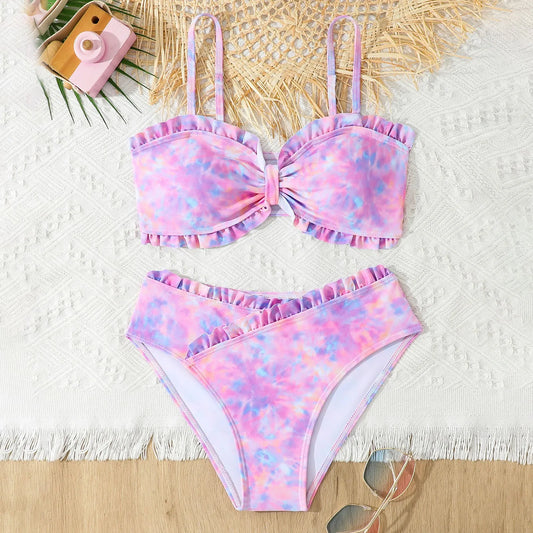 Girls' Split Swimsuit Children's Two Piece Set Suspender Edge Tie Dye Primary Middle And Large Children's Baby Girls Swimsuit