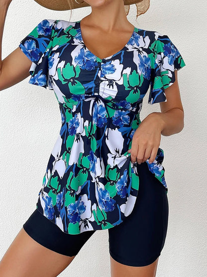 Drawstring Front Tankini Set Skirt Women High Waist Swimsuit Summer Beachwear Female Bathers Bathing Swimming Swim Suit