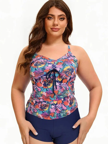Women's Plus Size Printed Tankini Swimsuit - Crisscross Back Top + Tie-Side High-Waist Shorts, Flattering Swimwear for Beach