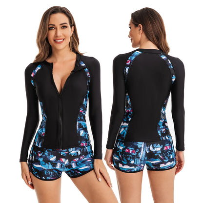 Women's Two Piece Long Sleeve Bathing Suits UV Protection Rash Guard Surfing Swimsuit Print Tankini Set Zip Padded Shirt+Shorts