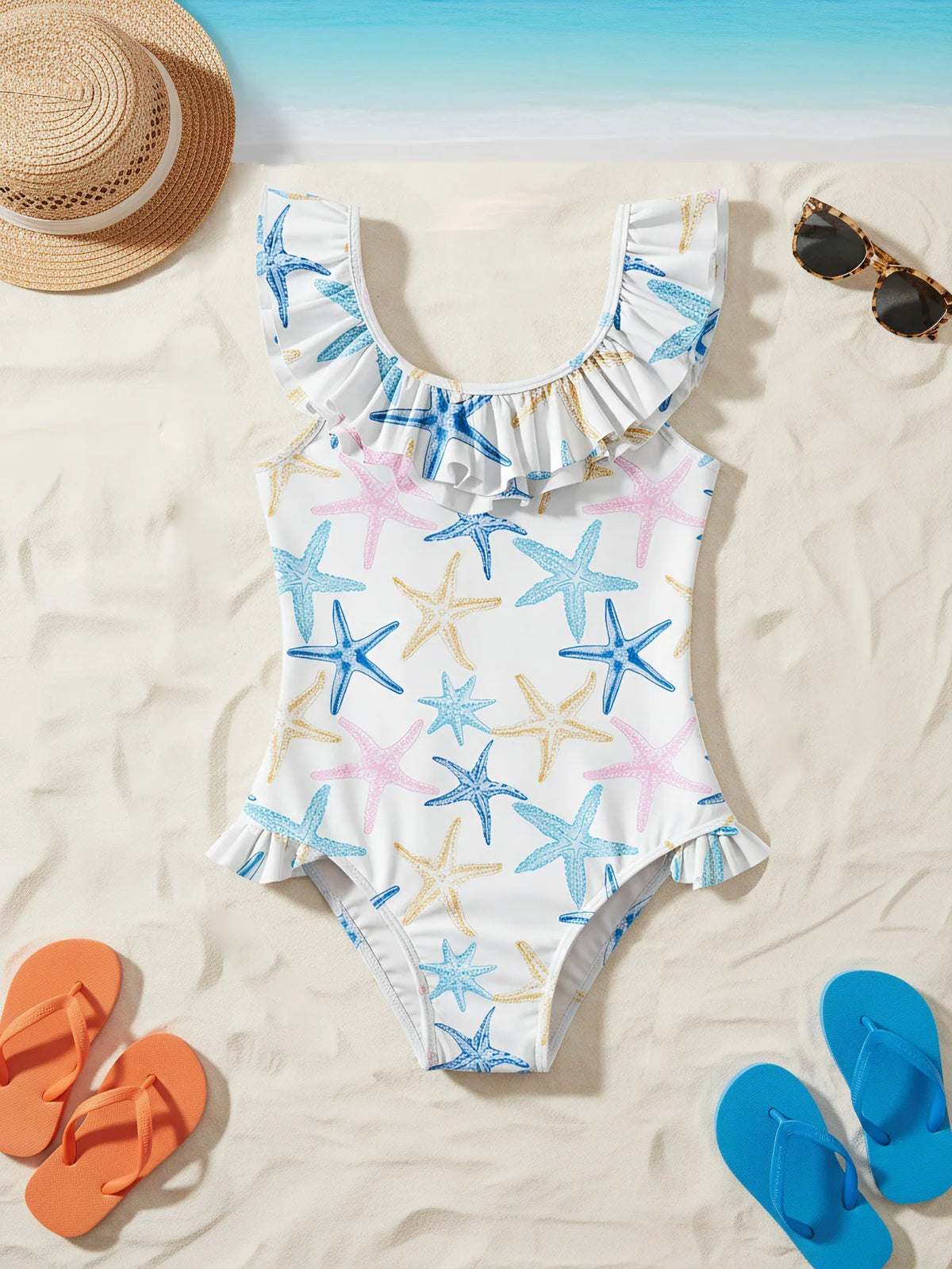 One Piece Swimsuit for Girls Trendy Starfish Swimwear for Kids Beachwear Beach Bathing Suit UPF 50 +