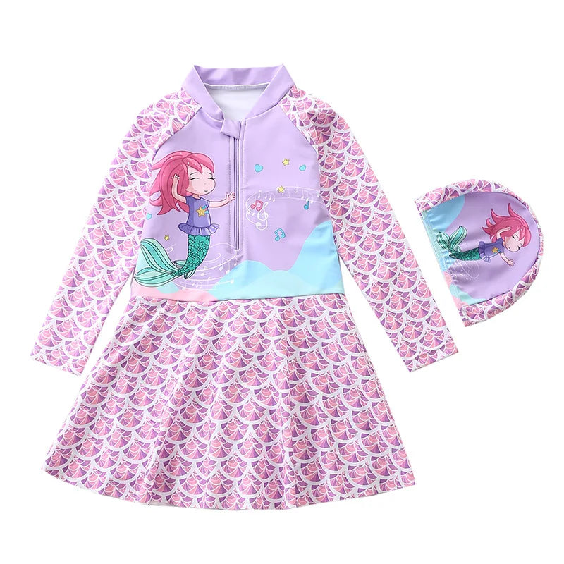 Mermaid Swimsuit for Girls Long Sleeves Children's Swimwear Front Zipper One-Piece Swimming Dresses Summer Beach Bathing Suit