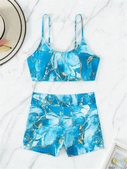 Two Pieces Marble Print Swimwear Women High Waist Swimsuit Summer Beach Wear Female Bathers Bathing Swimming Sport Suit
