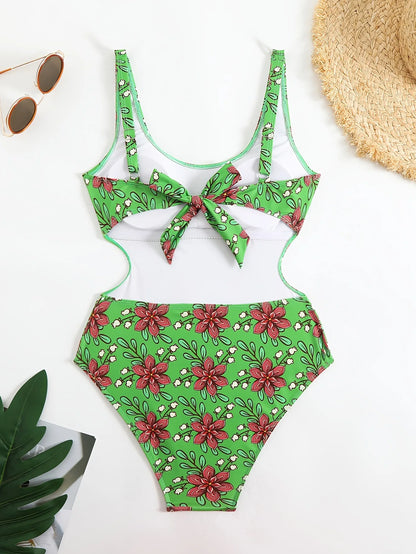 Vintage Green Floral Print One Piece Swimsuit Women Summer Hollow Out Backless Cross Tummy Control Bathing Suit Swimwear