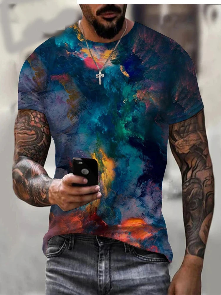 Rainbow Paint Splash Men's Printed T-shirt Hip Hop Street Fashion Harajuku Round Neck Comfortable Short Sleeve Top