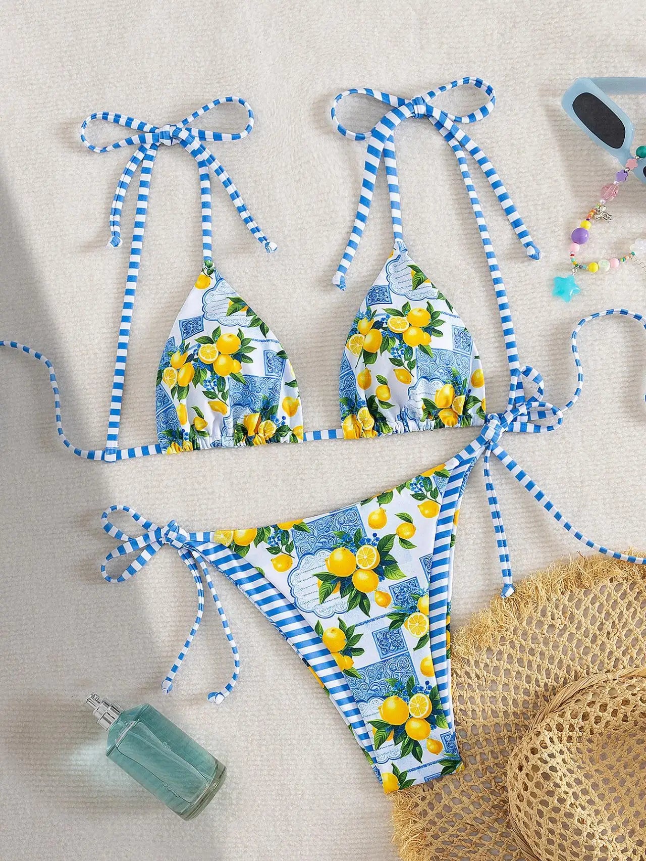 Blue Fruit Print Micro Bikini Women Tie Up Strap Push Up Triangle Swimsuit Beach Bathing Suit Holiday 2 Piece Swimwear