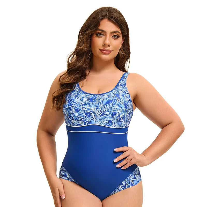 Women's Sports One Piece Swimsuit Racerback Black Sports Swimwear Leaf Printed Bathing Suit Plus Size Women Swimwear