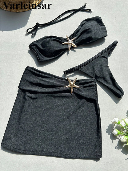 With Skirt Metal Star High Leg Cut Bikini Women Swimwear Female Swimsuit Three-pieces Bikini set Bather Bathing Suit Swim