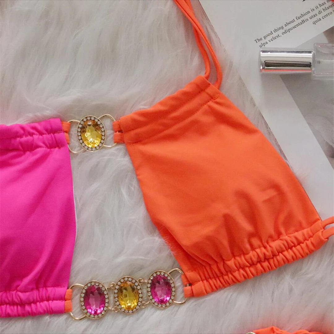 8 Colors Diamond Rhinestones Splicing Bikini Women Swimwear Female Swimsuit Two-pieces Bikini set Bather Bathing Suit Swim