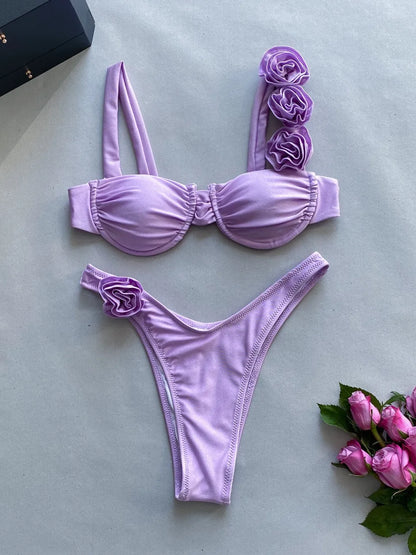 Strappy Bikinis 3D Floral Swimsuit Women Separation Swimwear Female Bathers Bathing Swimming Suit Beachwear
