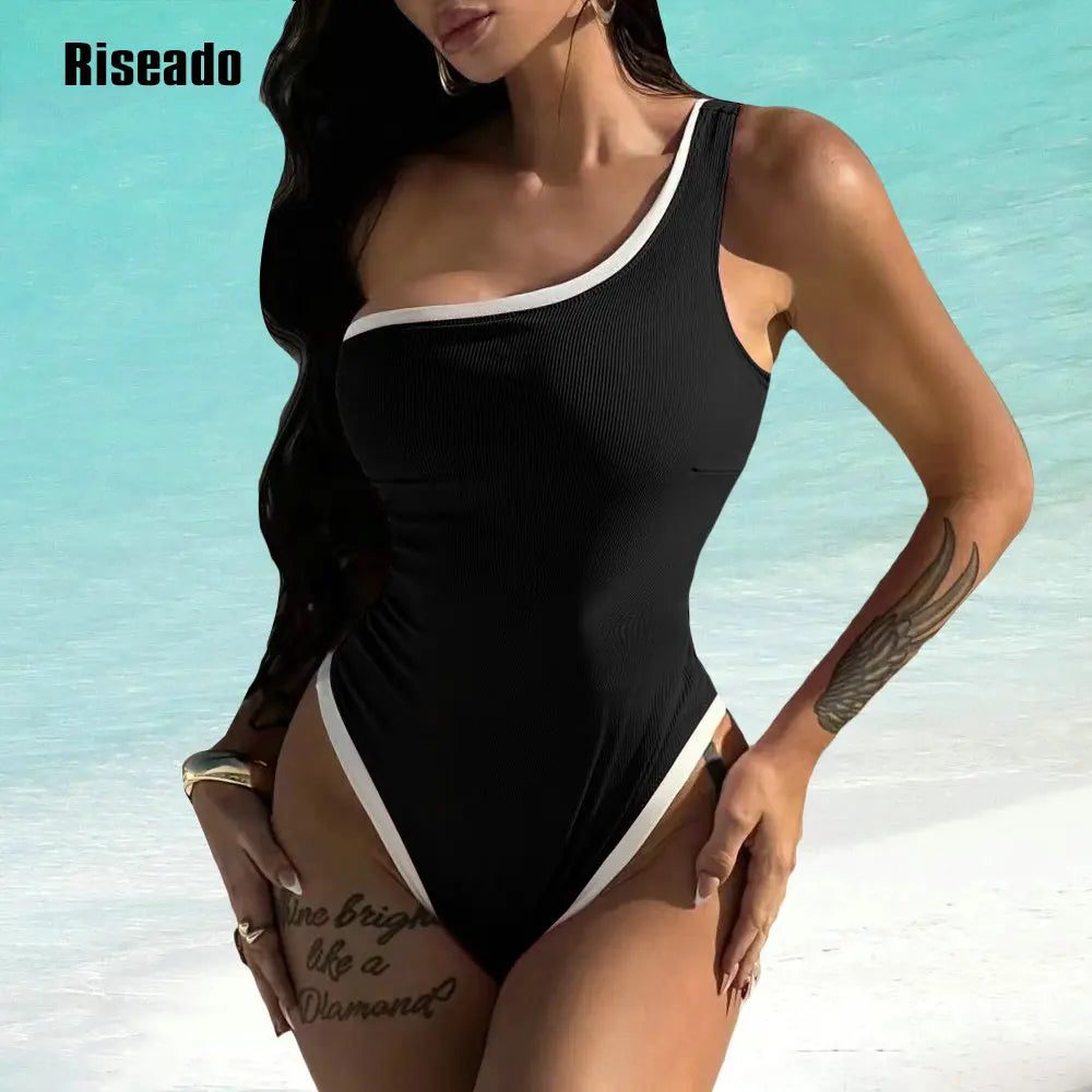 One Shoulder Swimsuit High Cut Women Ribbed Pink Bathing Suit Cutout 1 Piece Slimming Thong Swim Suit