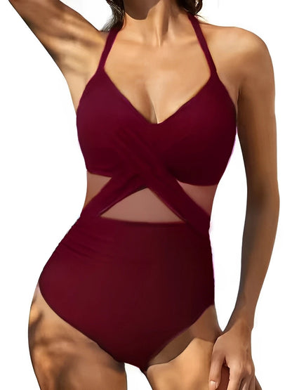 Vintage Strappy Swimsuit Women One Piece Solid Mesh Swimwear Female Bathers Bathing Swimming Swim Suit Beachwear XXL
