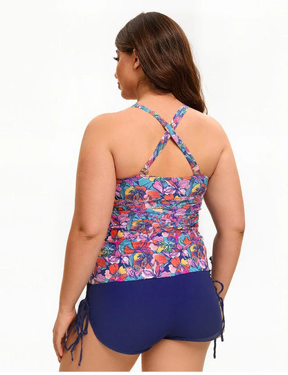 Women's Plus Size Printed Tankini Swimsuit - Crisscross Back Top + Tie-Side High-Waist Shorts, Flattering Swimwear for Beach