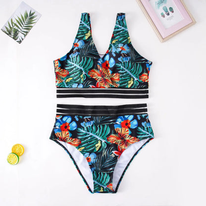 Large Floral Print Swimwear Women Plus Size V Neck Separate Swimsuit 2 Piece High Waist Bikini Set Bathing Suit