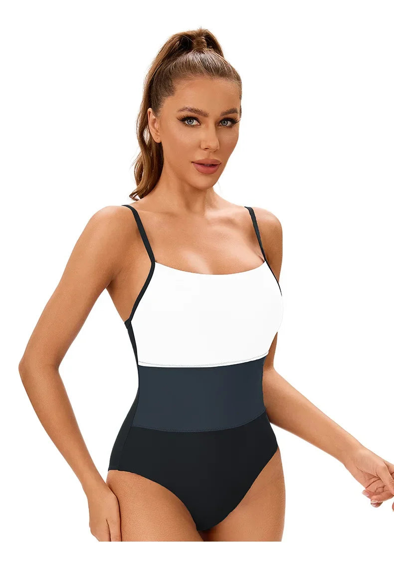 Block Colors One-Piece Swimsuit Sexy  Backless Bodycon Fit  Swimwear for Summer Vacations Bathing Suit Women