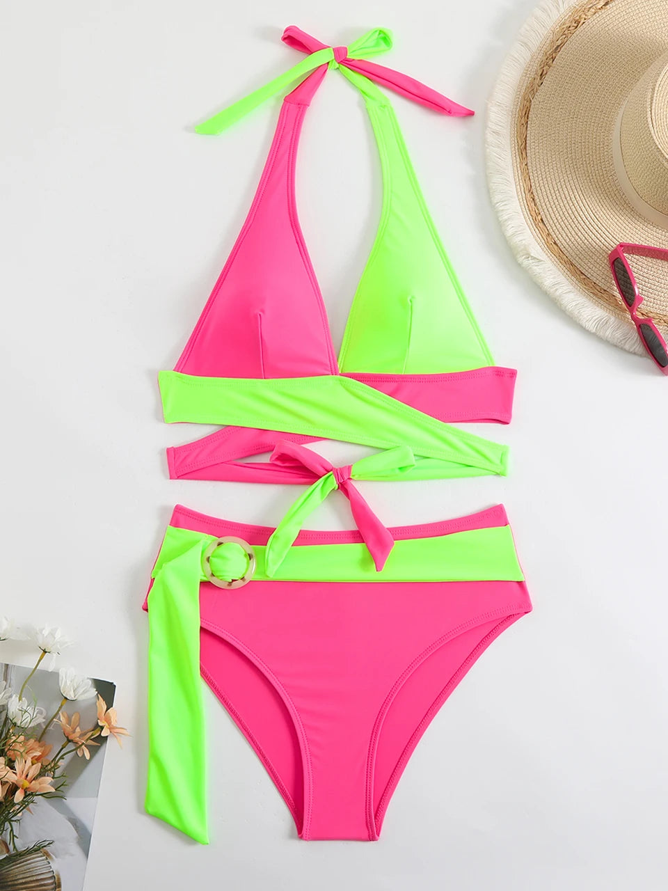 Halter Bikini  Criss Cross Solid Swimsuit High Waist Swimwear Female Bathers Bathing Swimming Suit Padded Beachwear